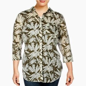 LAUREN Ralph Lauren size2X Green And White Floral Button Down Collared Blouse
